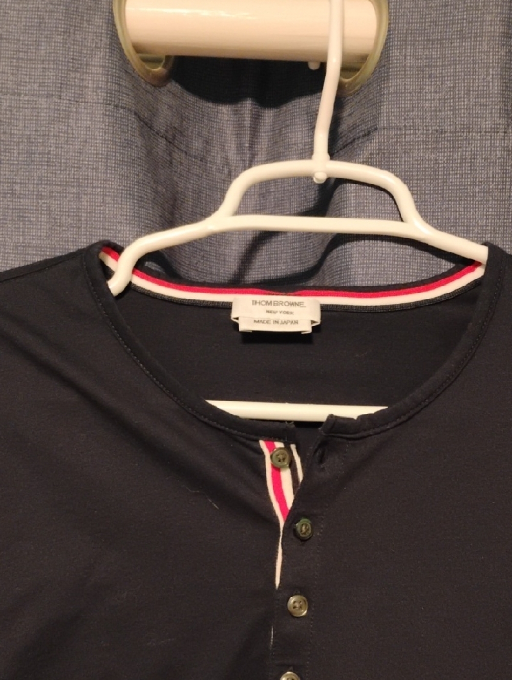Thom Browne Navy Long-Sleeve Henley with Red-White Trim